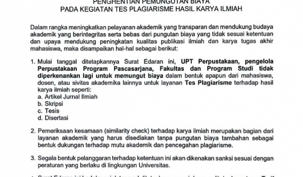 SURAT EDARAN REKTOR UIN RADEN FATAH TENTANG PENGHENTIAN PEMUNGUTAN BIAYA PADA KEGIATAN TES PLAGIARISME HASIL KARYA ILMIAH